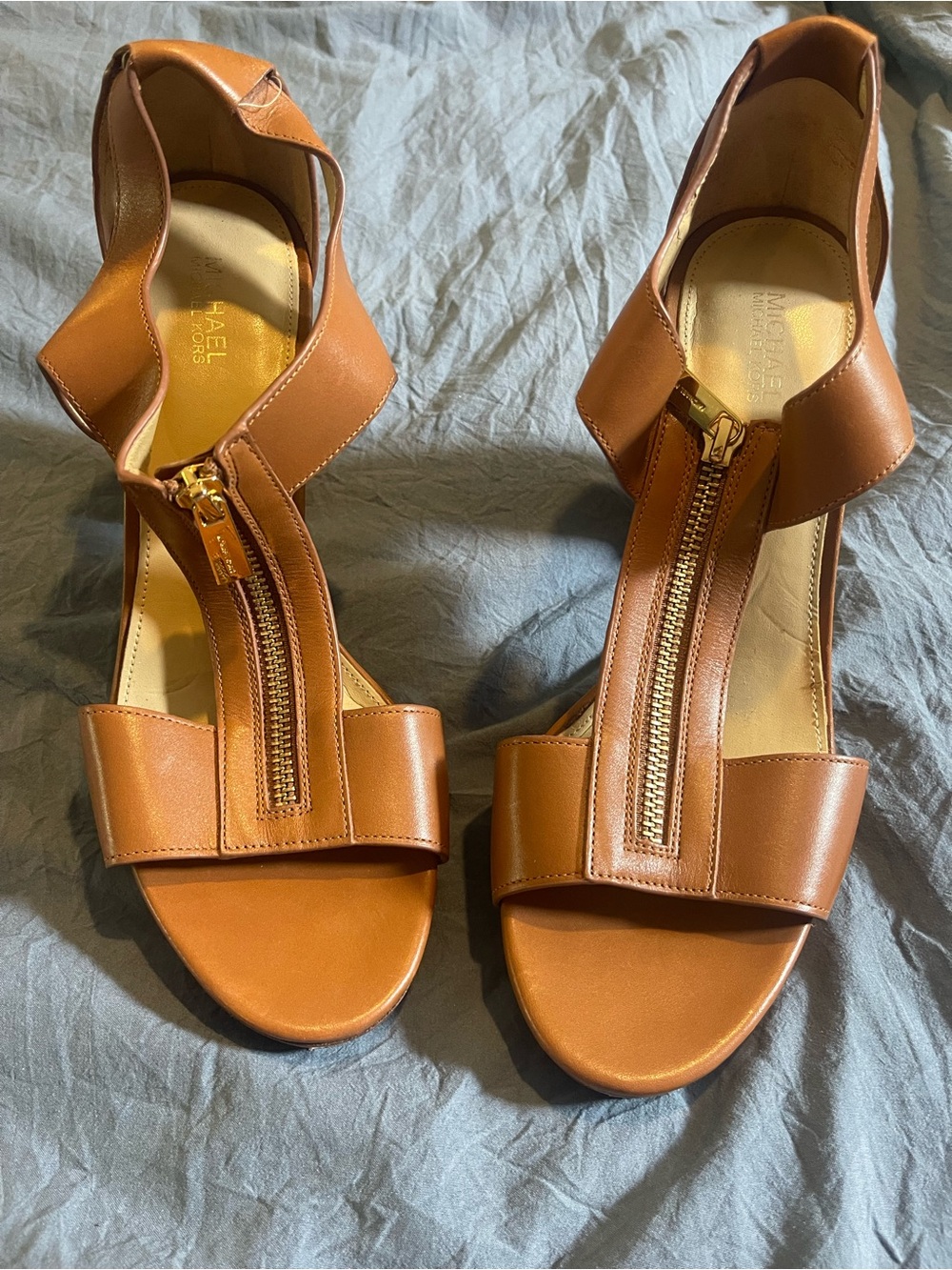 MICHAEL Michael Kors Tan Leather Zip-Front Heeled Sandals